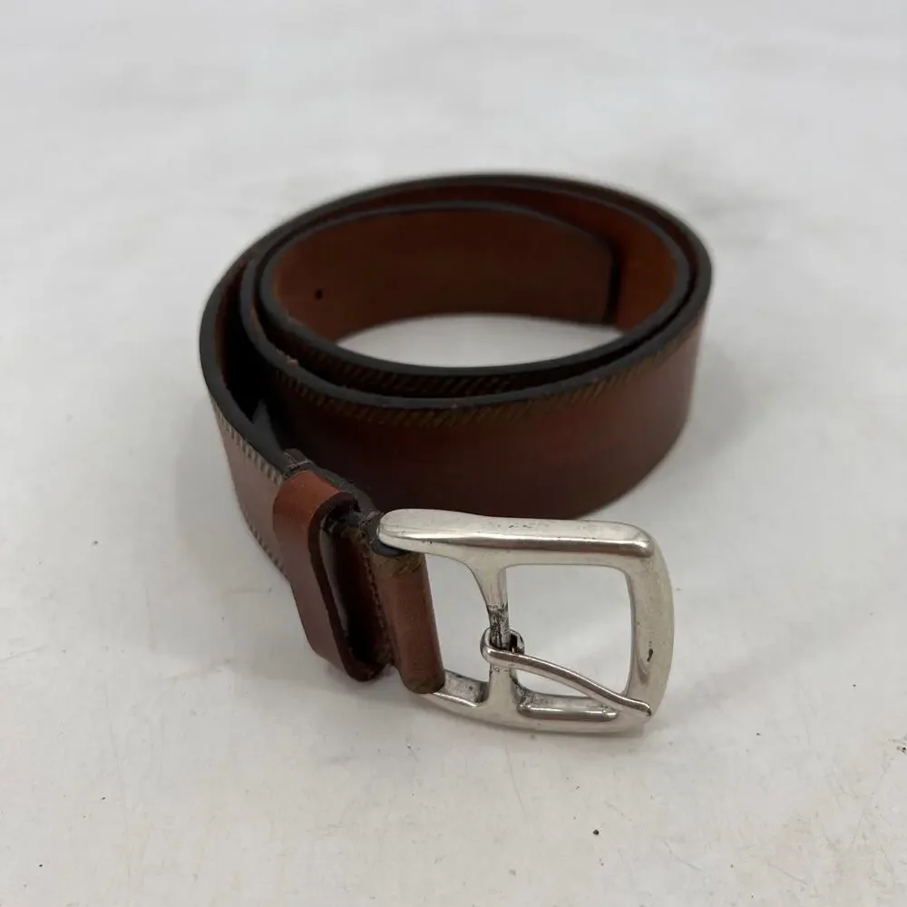 Cole Haan Belt Mens 34 Brown Leather Silver Center Bar Pin Buckle Dress Casual